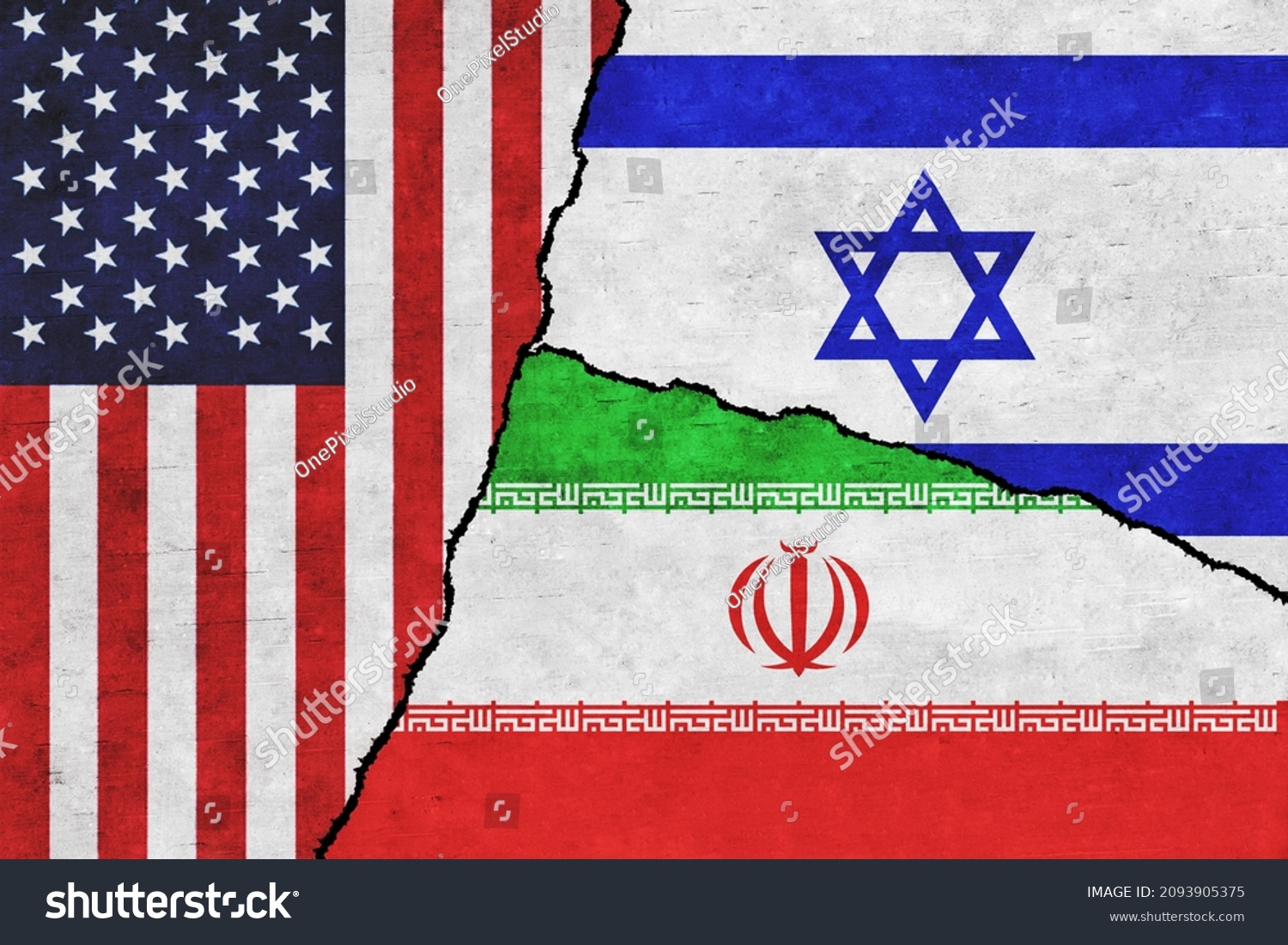 stock photo usa israel and iran painted flags on a wall with a crack united states of america israel and 2093905375