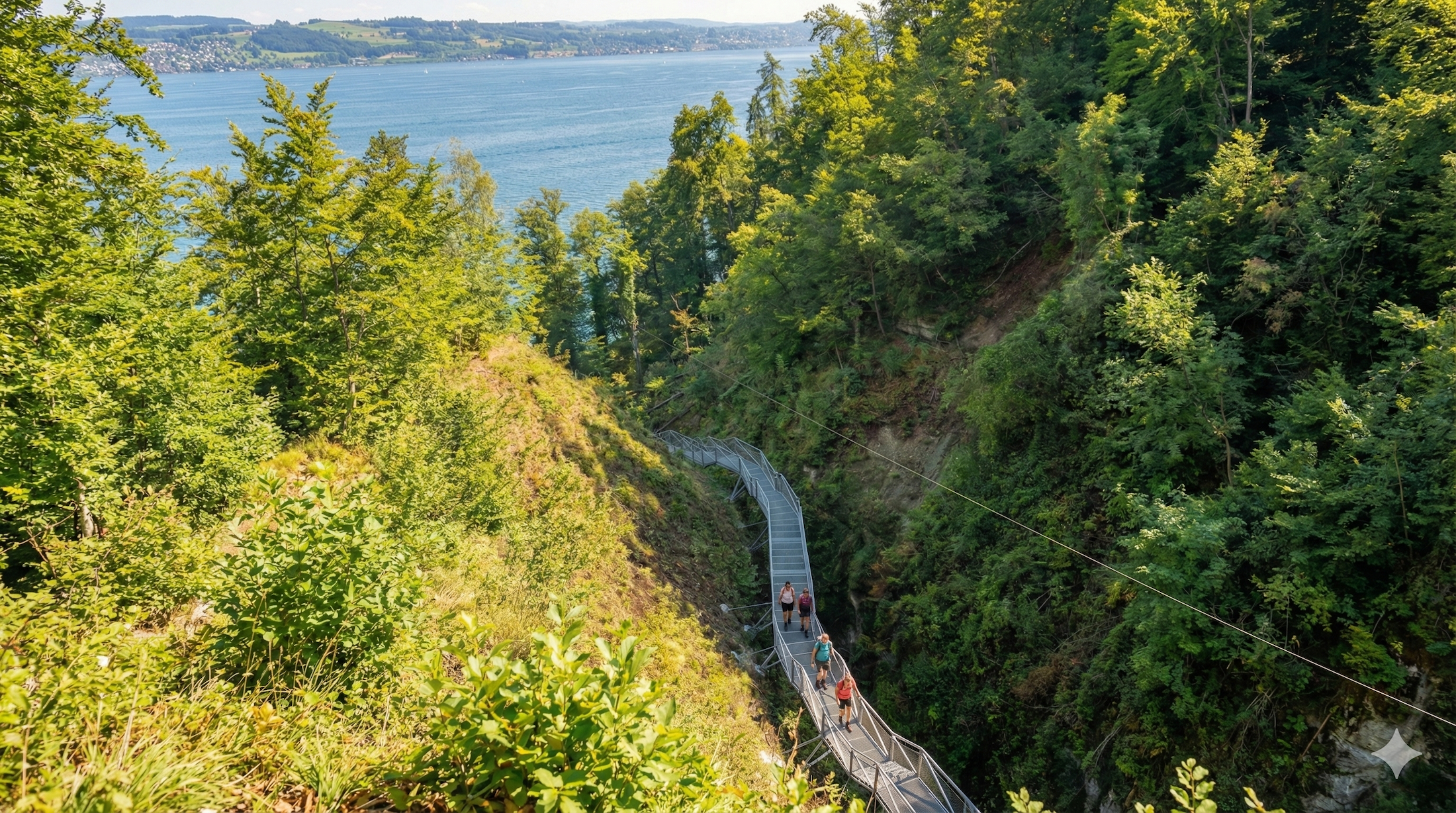 Panoramsteg mit Wanderern von oben Mariensschlucht Copyright Tourismus Kultur und Marketing Bodman Ludwigshafen